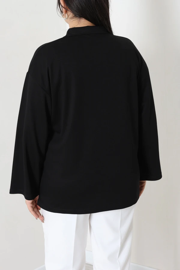 Çıtçıtlı Polo Yaka Büyük Beden Modal Bluz Siyah 6