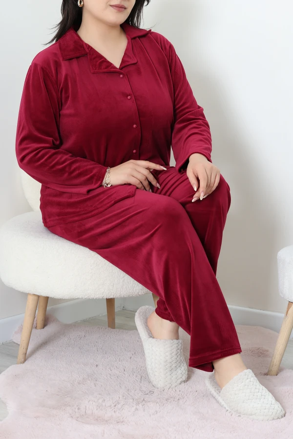 Fransız Kadife Büyük Beden Düğmeli Pijama Takımı Bordo 5