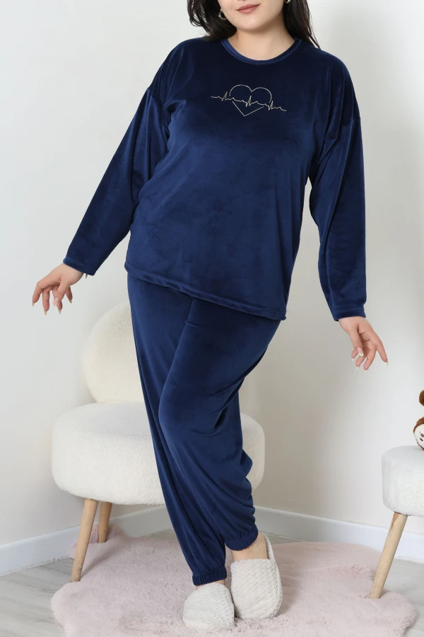 Fransız Kadife Büyük Beden Pijama Takımı Lacivert