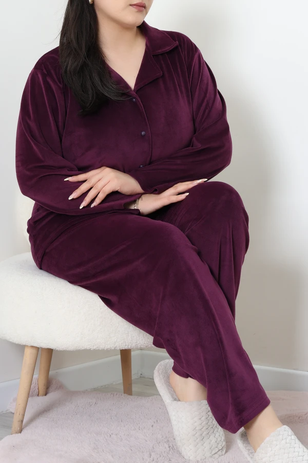 Fransız Kadife Büyük Beden Düğmeli Pijama Takımı Mor 3