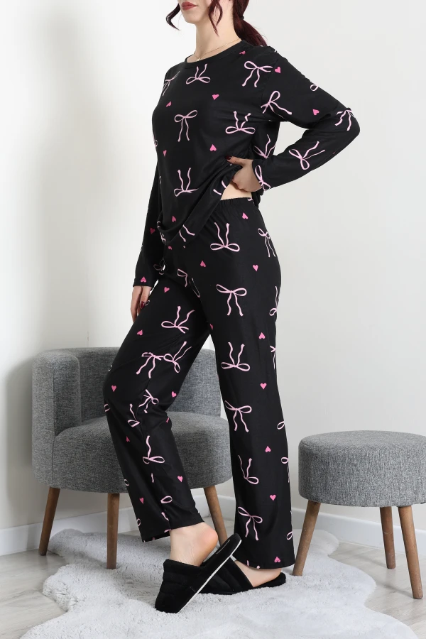 Süet Alt Üst Aynı Pijama Takımı Siyahpembe 5