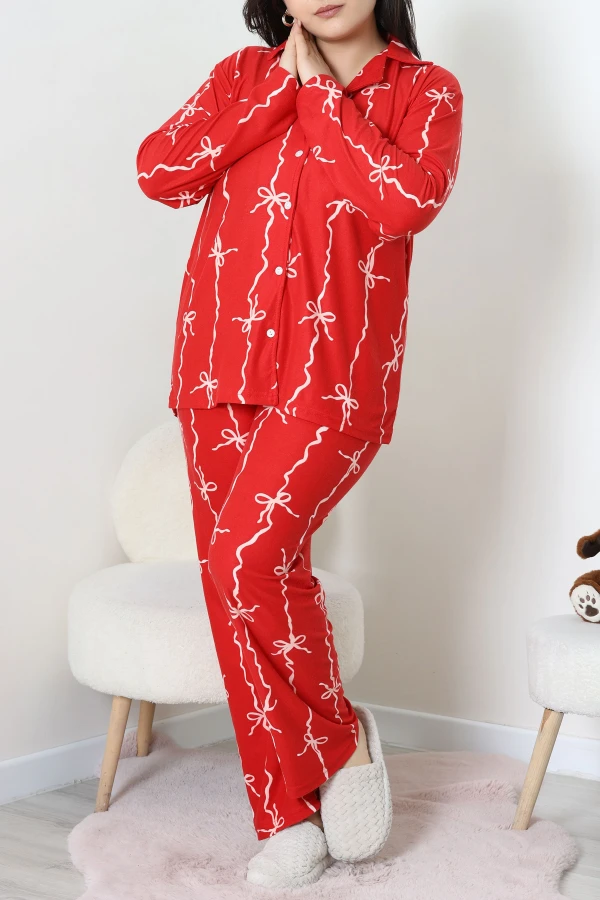 Süet Büyük Beden Düğmeli Pijama Takımı Kırmızı 4