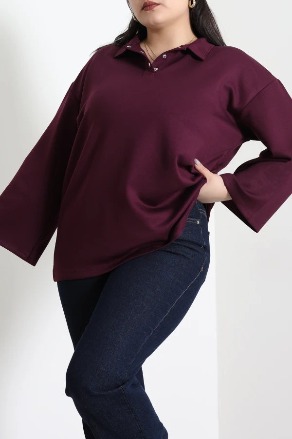Çıtçıtlı Polo Yaka Büyük Beden Modal Bluz Mürdüm 5