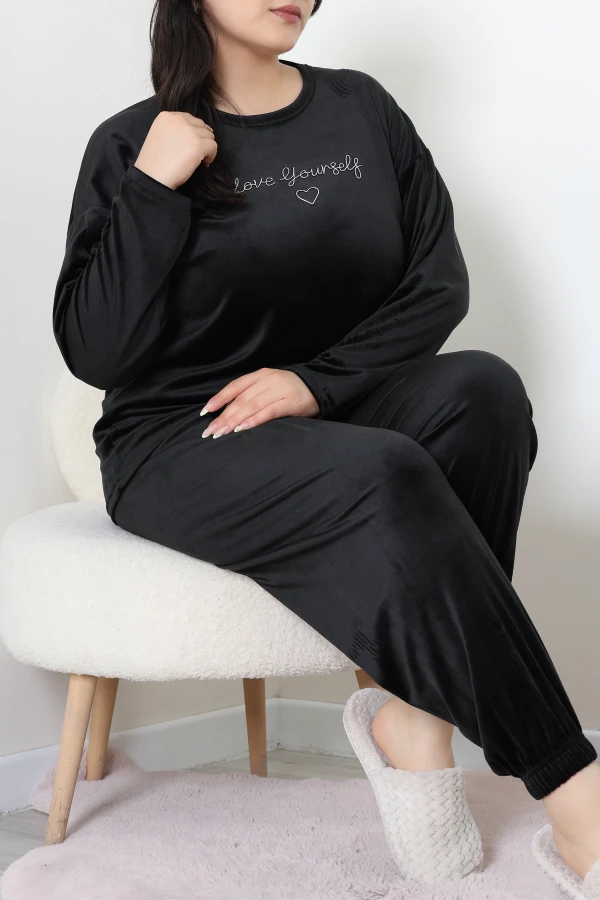 Fransız Kadife Büyük Beden Pijama Takımı Siyah 5