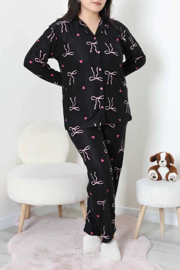 Büyük Beden Süet Düğmeli Pijama Takımı Siyahkurdele 4