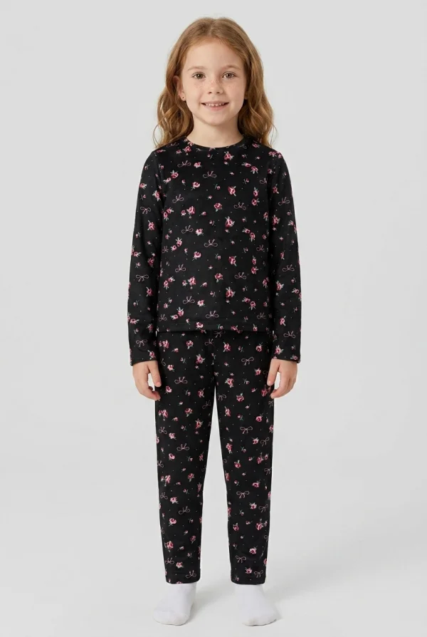 5-12 Yaş Süet Alt Üst Aynı Pijama Takımı Siyahçiçekli