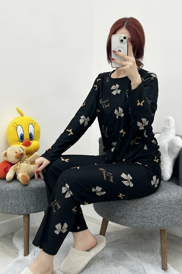 Süet Alt Üst Aynı Pijama Takımı Siyahbej 2