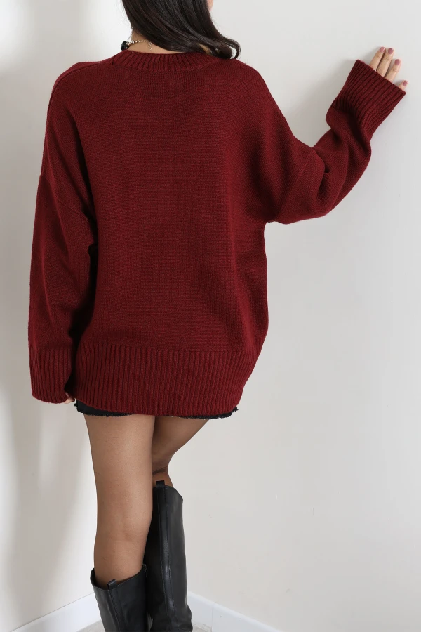 Düşük Kol Oversize Triko Kazak Bordo 8