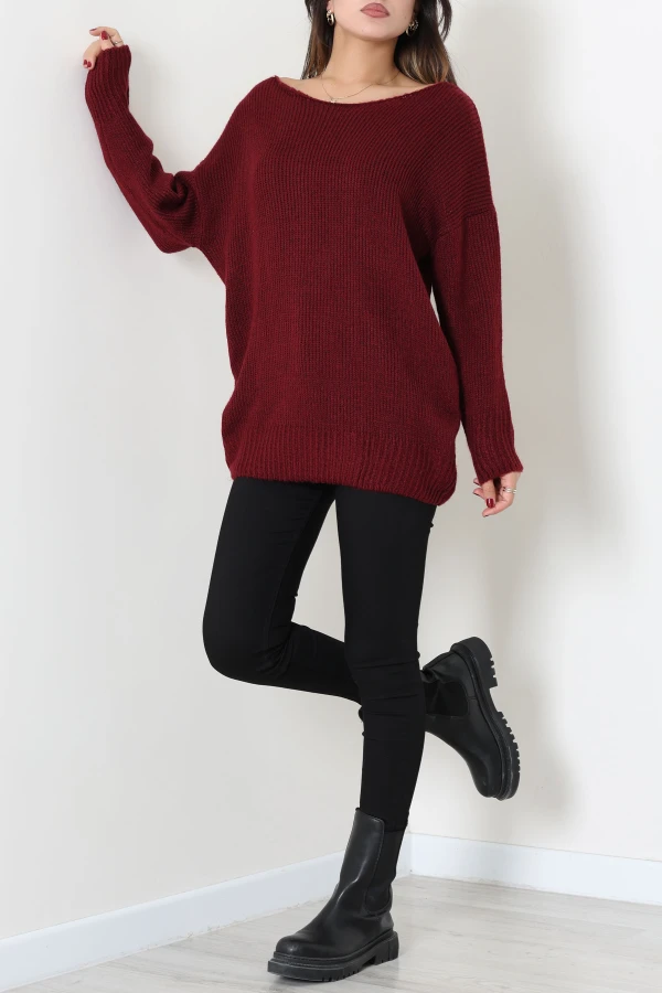 Düşük Kol Oversize Triko Kazak Bordo 2