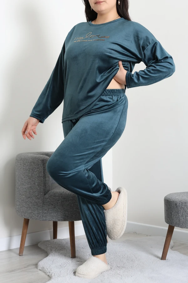 Fransız Kadife Büyük Beden Pijama Takımı Petrol 4