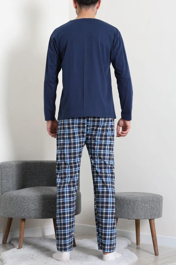 Süprem Ekoseli Uzun Kollu Erkek Pijama Takımı Lacimavi 7