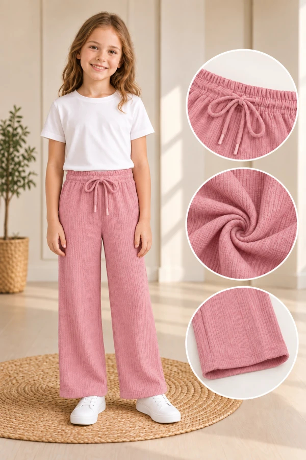 6-14 Yaş Bürümcük Kumaş Kız Çocuk Pantolon Pembe