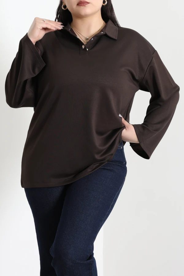 Çıtçıtlı Polo Yaka Büyük Beden Modal Bluz Acıkahve