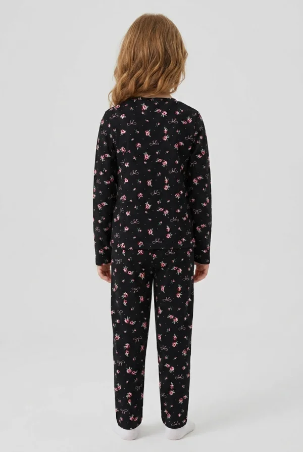 5-12 Yaş Süet Alt Üst Aynı Pijama Takımı Siyahçiçekli 3