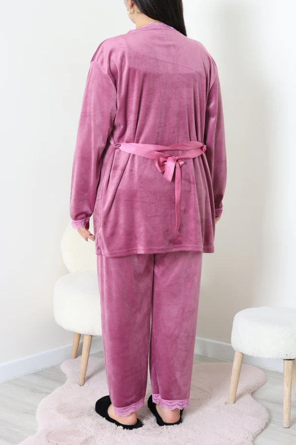 Fransız Kadife Büyük Beden 3'Lü Pijama Seti Gülkurusu 8