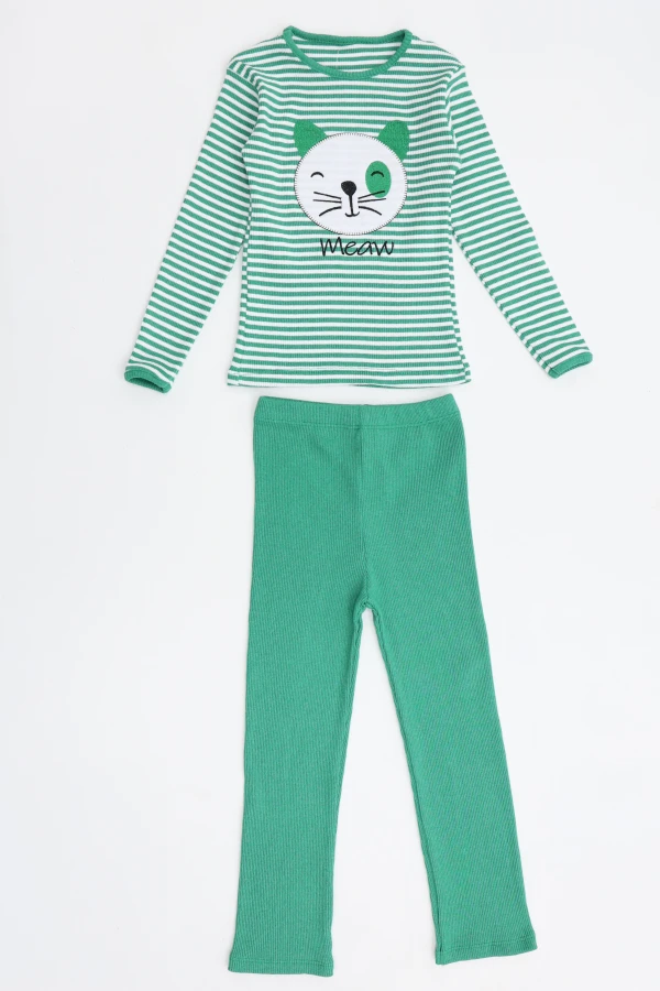 5-12 Yaş Kaşkorse Nakışlı Pijama Takımı Yeşil 5
