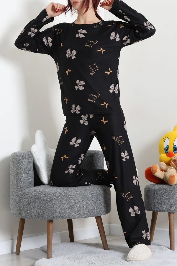 Süet Alt Üst Aynı Pijama Takımı Siyahbej 3