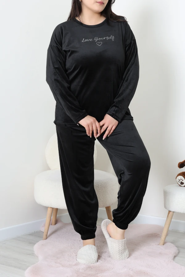 Fransız Kadife Büyük Beden Pijama Takımı Siyah