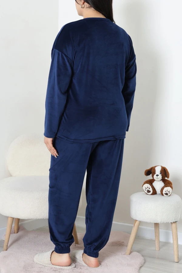 Fransız Kadife Büyük Beden Pijama Takımı Lacivert 6