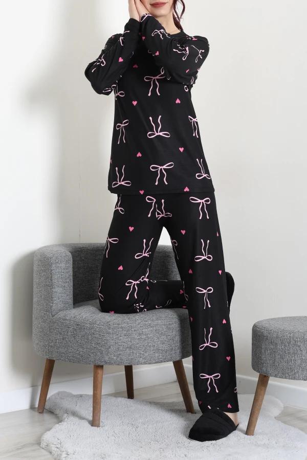 Süet Alt Üst Aynı Pijama Takımı Siyahpembe 6