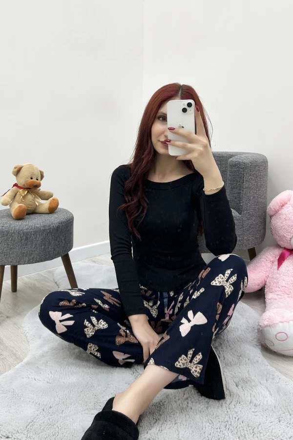 Desenli Süet Pijama Altı Lacivertpembe 2
