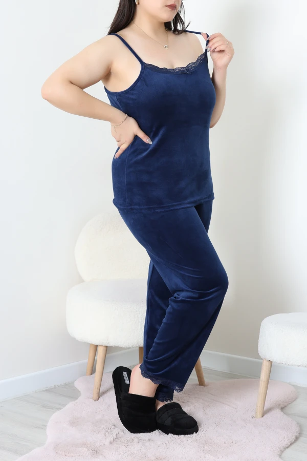 Fransız Kadife Büyük Beden 3'Lü Pijama Seti Lacivert 6