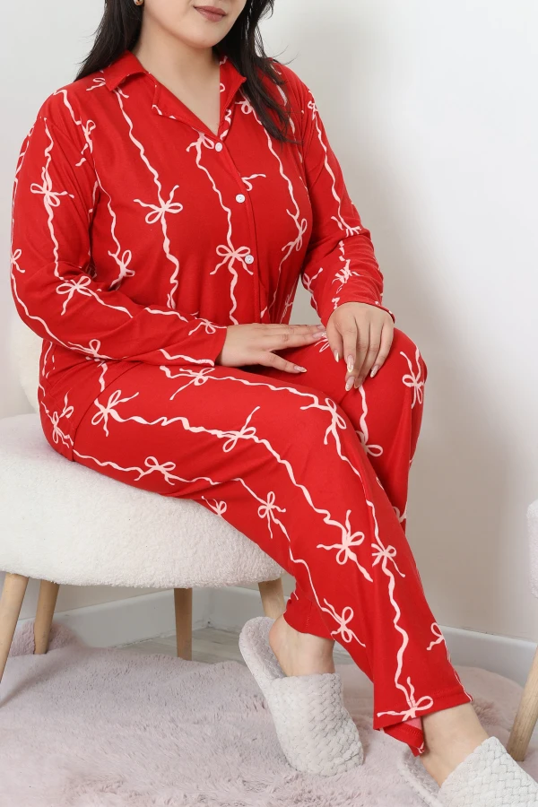 Süet Büyük Beden Düğmeli Pijama Takımı Kırmızı 3