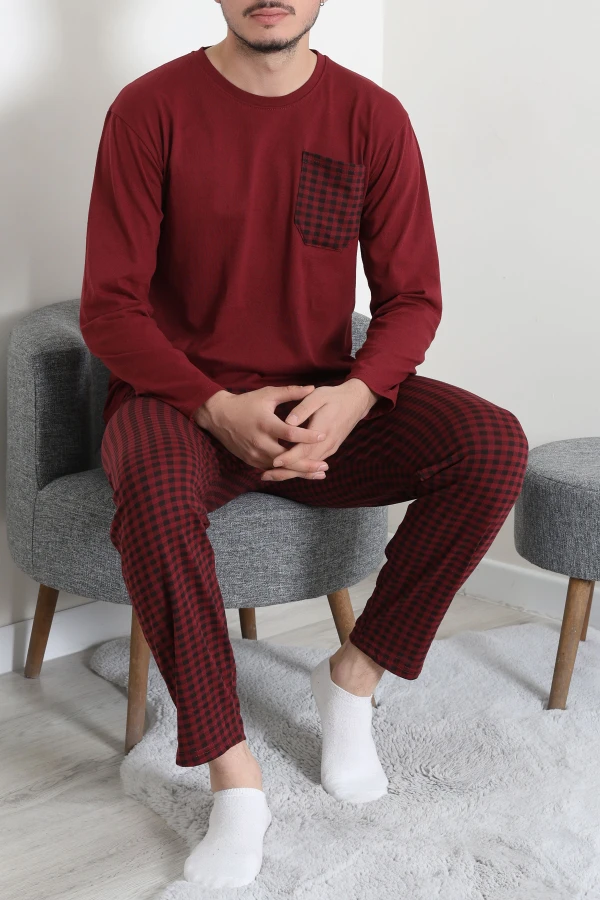 Süprem Ekoseli Baskılı Erkek Pijama Takımı Bordoekose 2