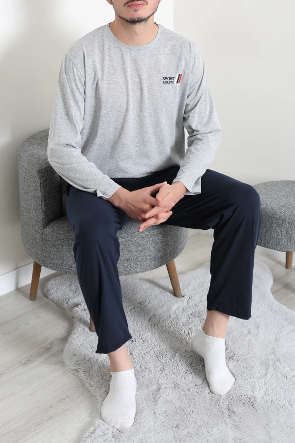 Süprem Nakışlı Erkek Pijama Takımı Gri