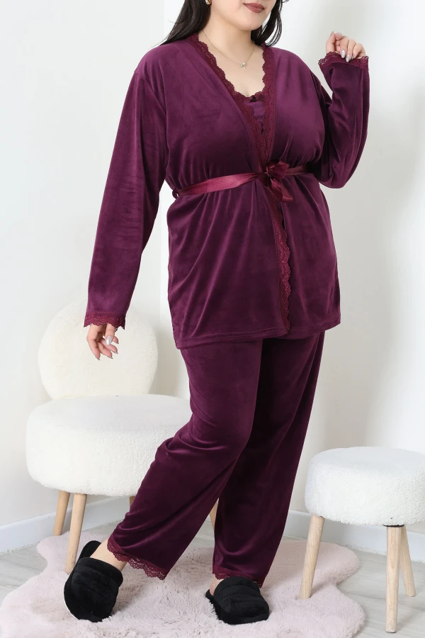 Fransız Kadife Büyük Beden 3'Lü Pijama Seti Mor 6
