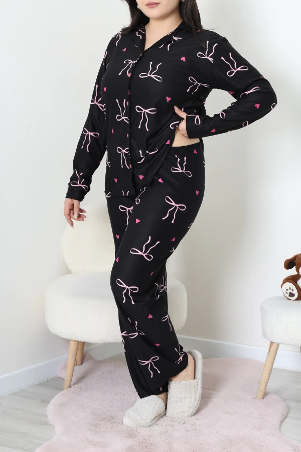 Büyük Beden Süet Düğmeli Pijama Takımı Siyahkurdele 3