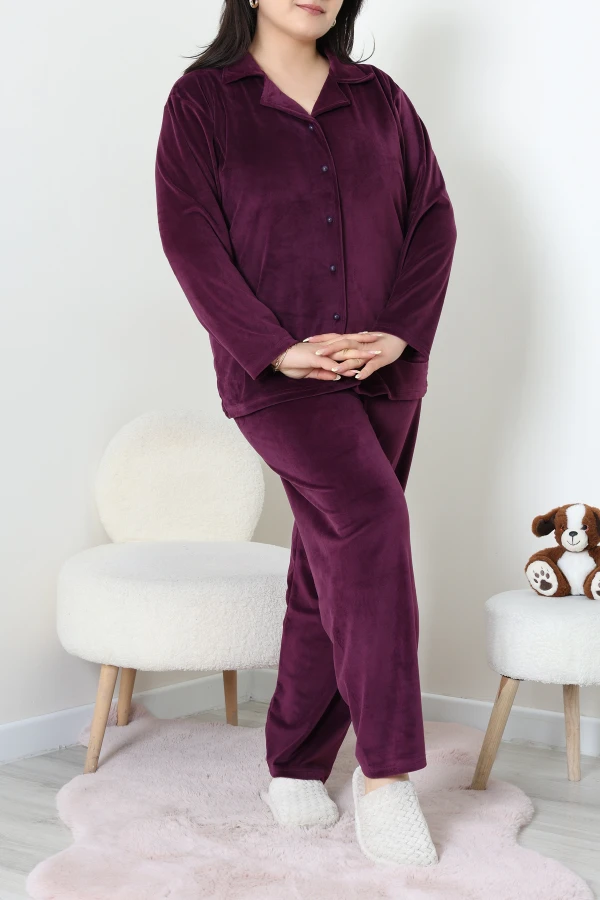 Fransız Kadife Büyük Beden Düğmeli Pijama Takımı Mor 5
