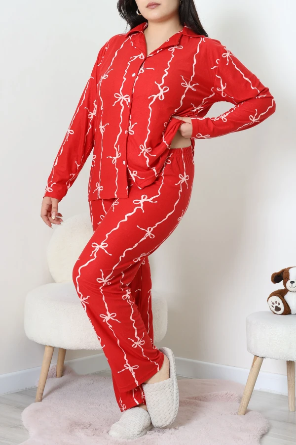 Süet Büyük Beden Düğmeli Pijama Takımı Kırmızı