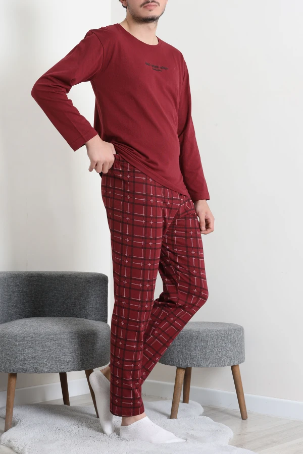 Süprem Ekoseli Baskılı Erkek Pijama Takımı Bordo 6