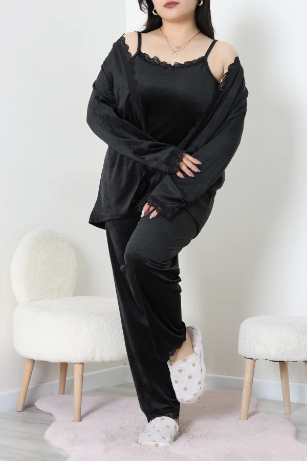 Fransız Kadife Battal Pijama Takımı Siyah 5