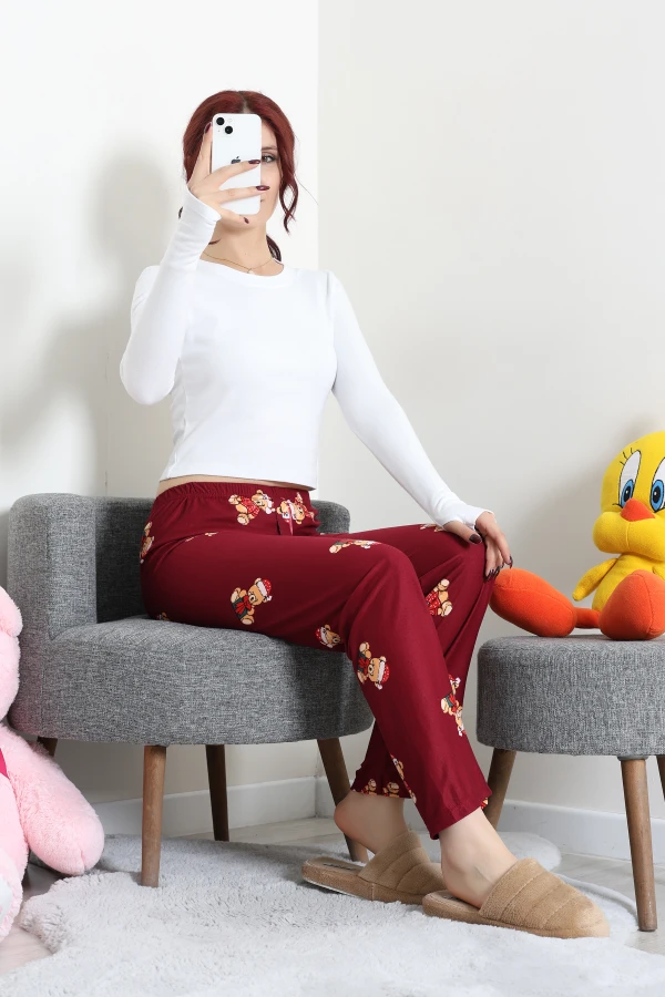 Desenli Süet Pijama Altı Bordoayı 2