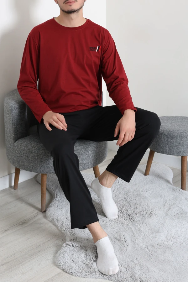 Süprem Nakışlı Erkek Pijama Takımı Bordo