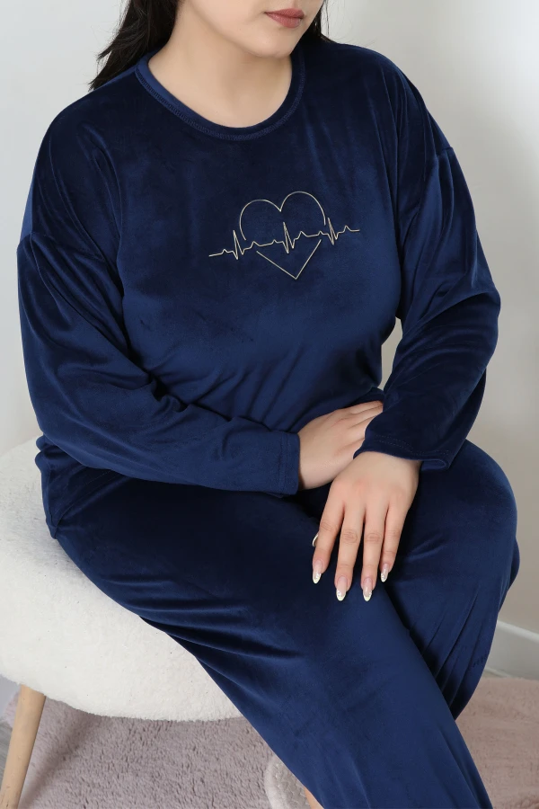 Fransız Kadife Büyük Beden Pijama Takımı Lacivert 3