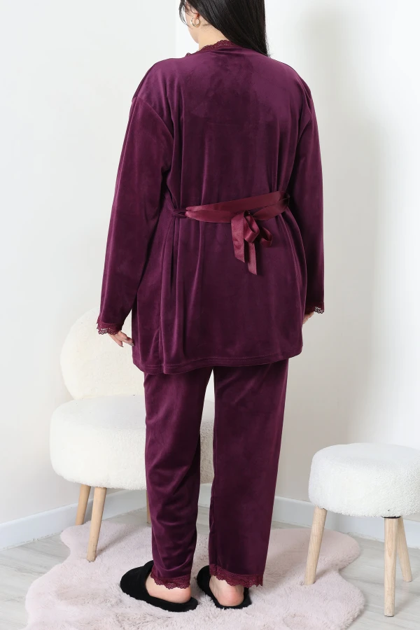 Fransız Kadife Büyük Beden 3'Lü Pijama Seti Mor 8