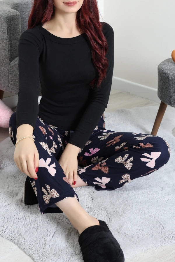 Desenli Süet Pijama Altı Lacivertpembe 5