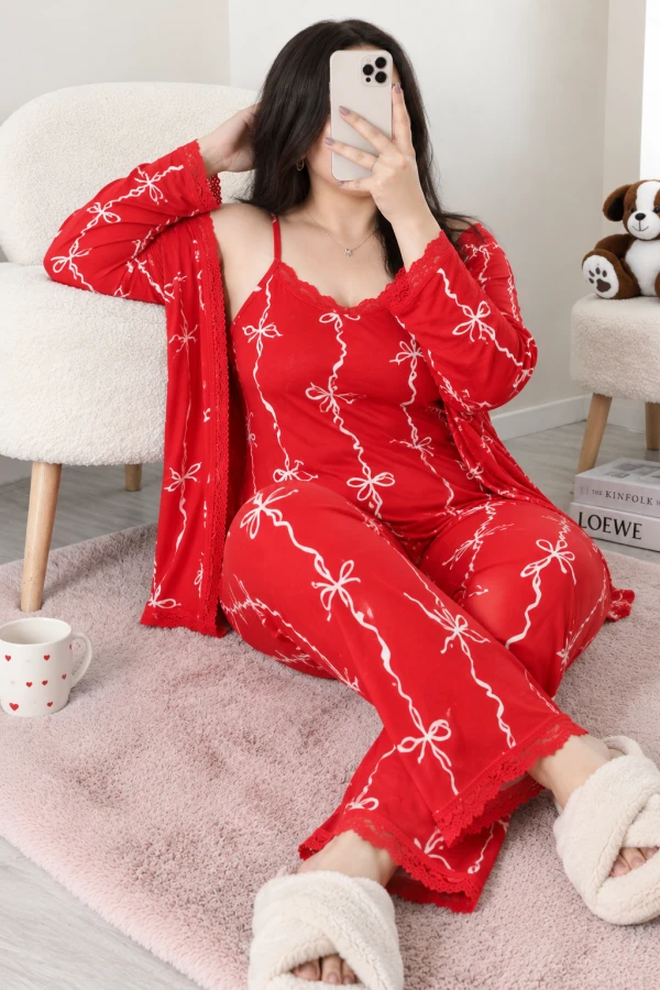 Süet Büyük Beden 3'Lü Pijama Seti Kırmızıkurdele
