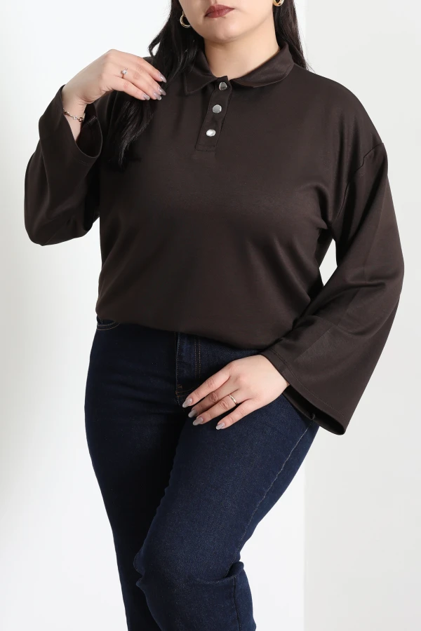 Çıtçıtlı Polo Yaka Büyük Beden Modal Bluz Acıkahve 5