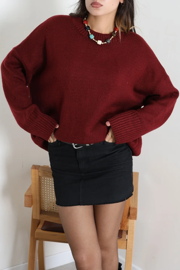 Düşük Kol Oversize Triko Kazak Bordo