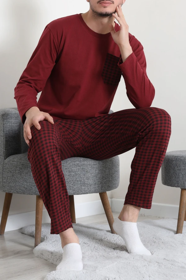 Süprem Ekoseli Baskılı Erkek Pijama Takımı Bordoekose 4