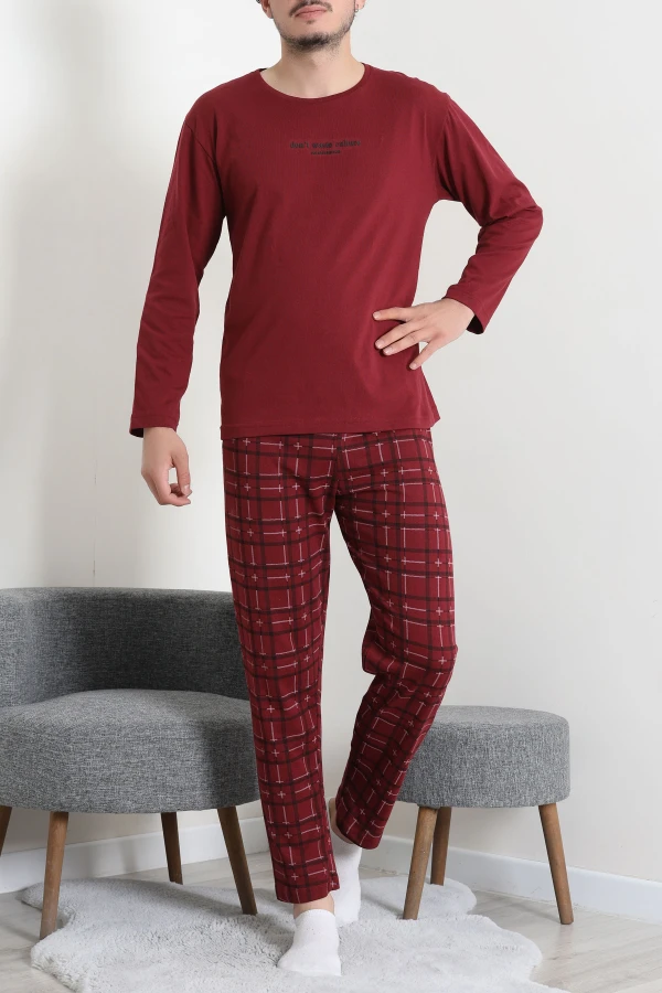 Süprem Ekoseli Baskılı Erkek Pijama Takımı Bordo