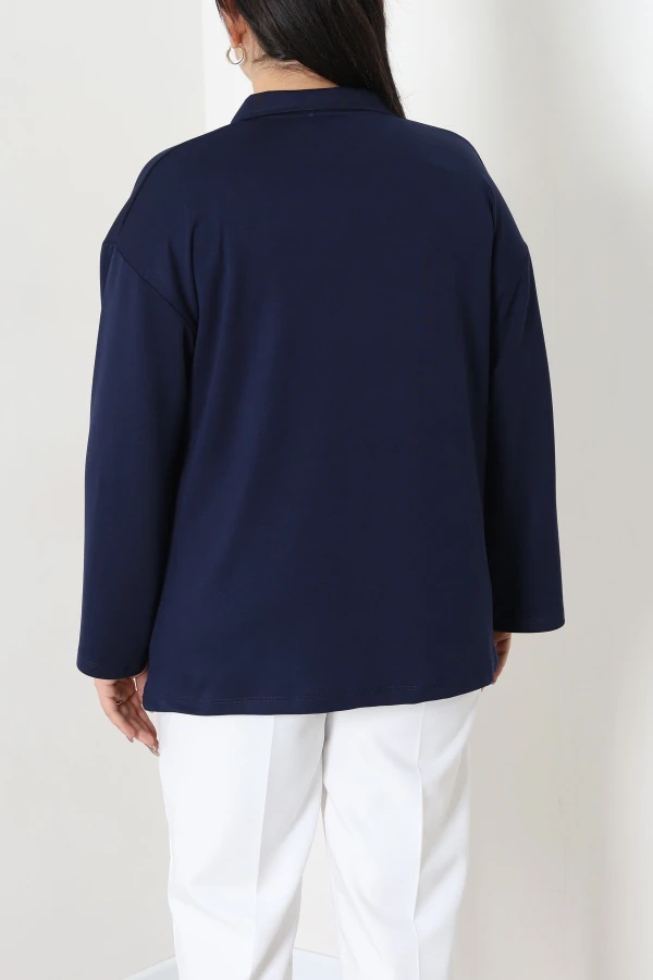 Çıtçıtlı Polo Yaka Büyük Beden Modal Bluz Lacivert 6