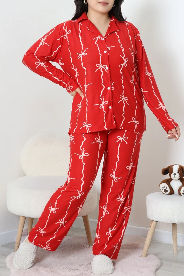 Süet Büyük Beden Düğmeli Pijama Takımı Kırmızı 2