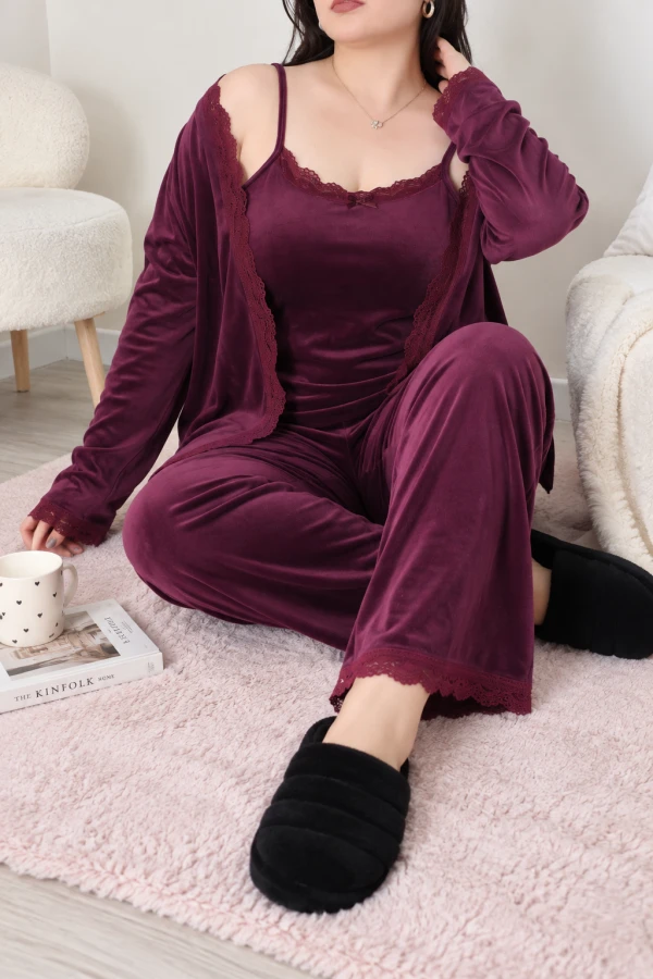 Fransız Kadife Büyük Beden 3'Lü Pijama Seti Mor