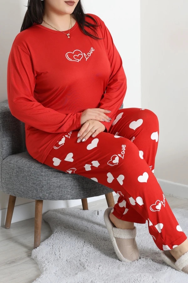 Milan Büyük Beden Baskılı Pijama Takımı Kırmızı 4
