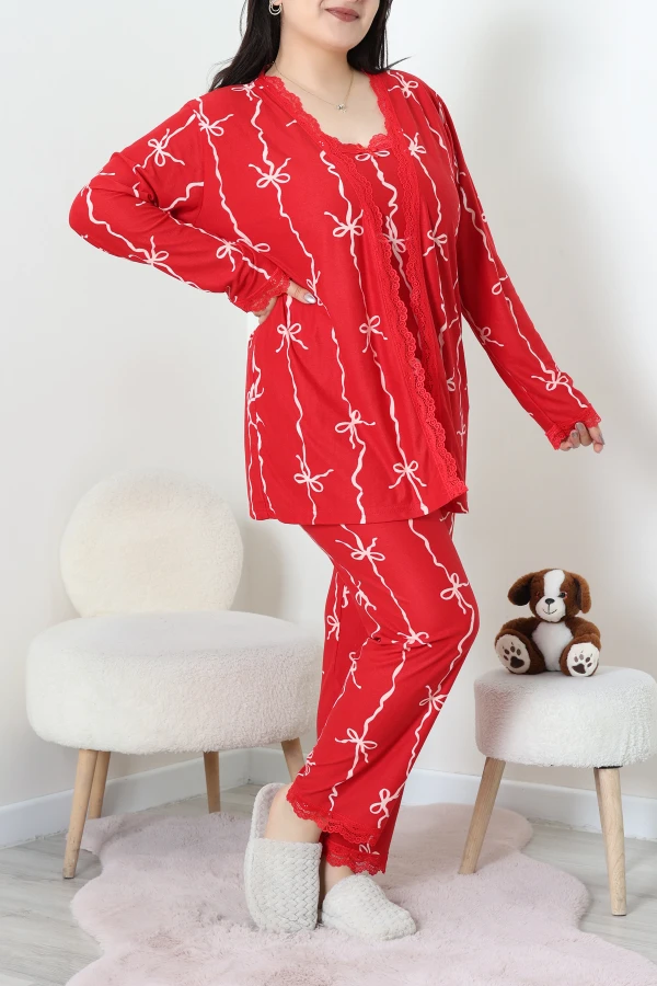 Süet Büyük Beden 3'Lü Pijama Seti Kırmızıkurdele 6